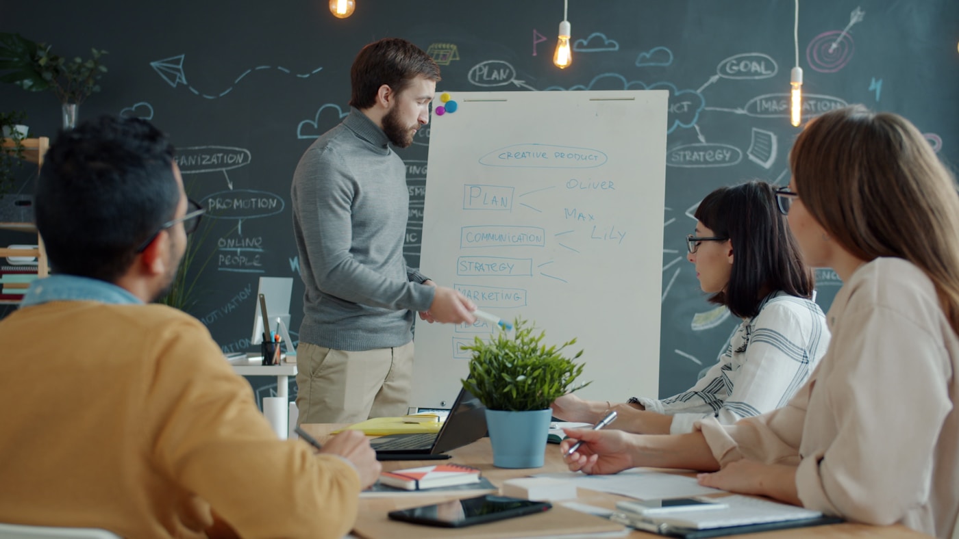 A team working together around a portable whiteboard